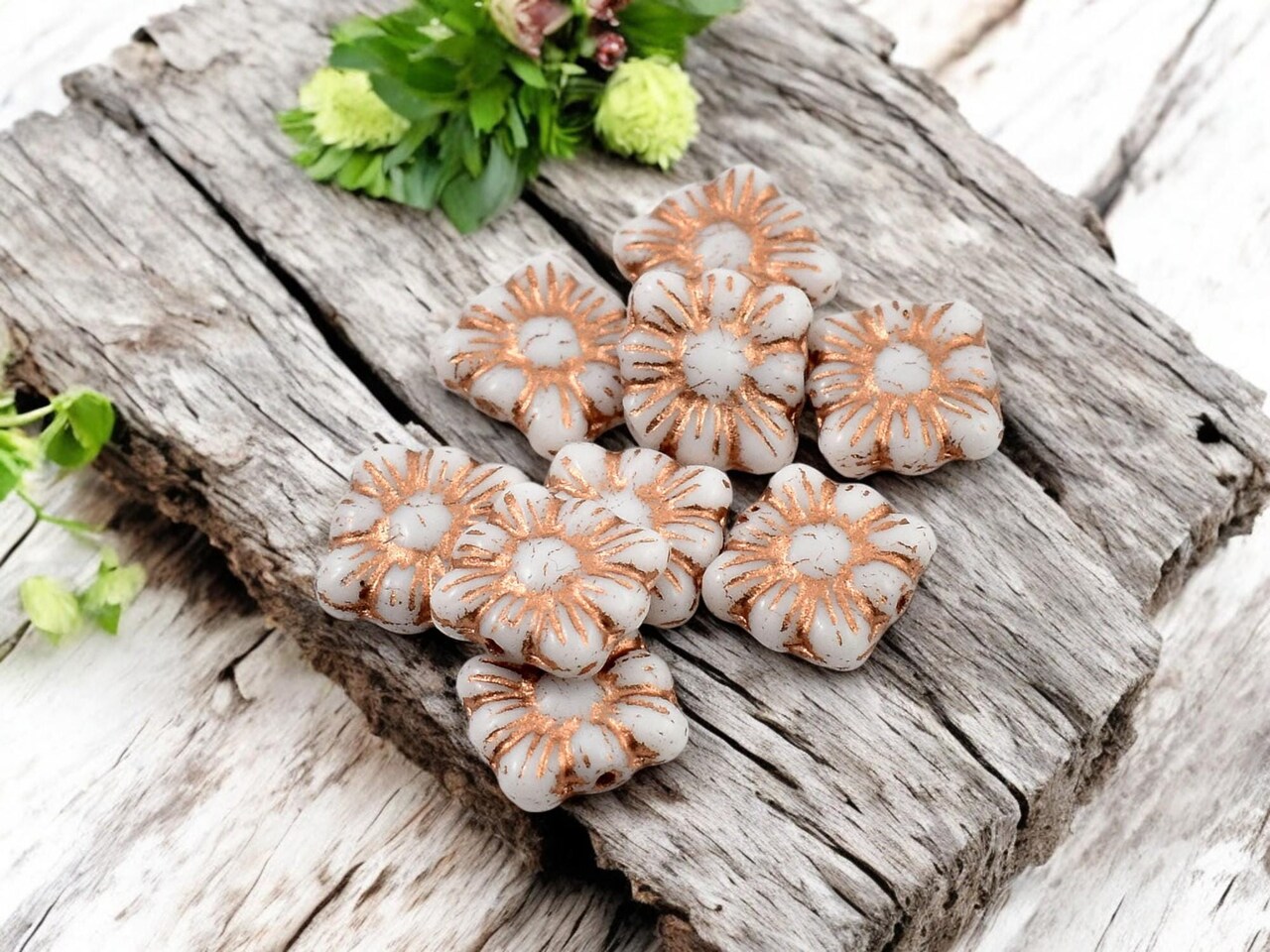*13* 11mm Copper Washed Opaquye Alabaster Square Zinnia Flower Beads